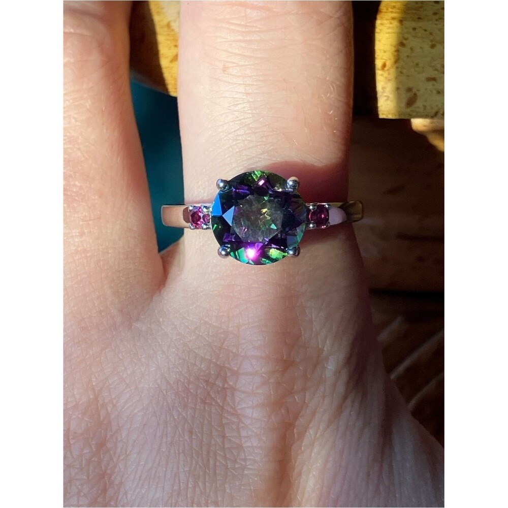 Mystic Quartz Rhodolite Garnet Sterling Silver Ring Size 10